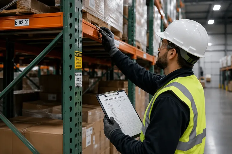 Inspector reviewing pallet racking in a warehouse